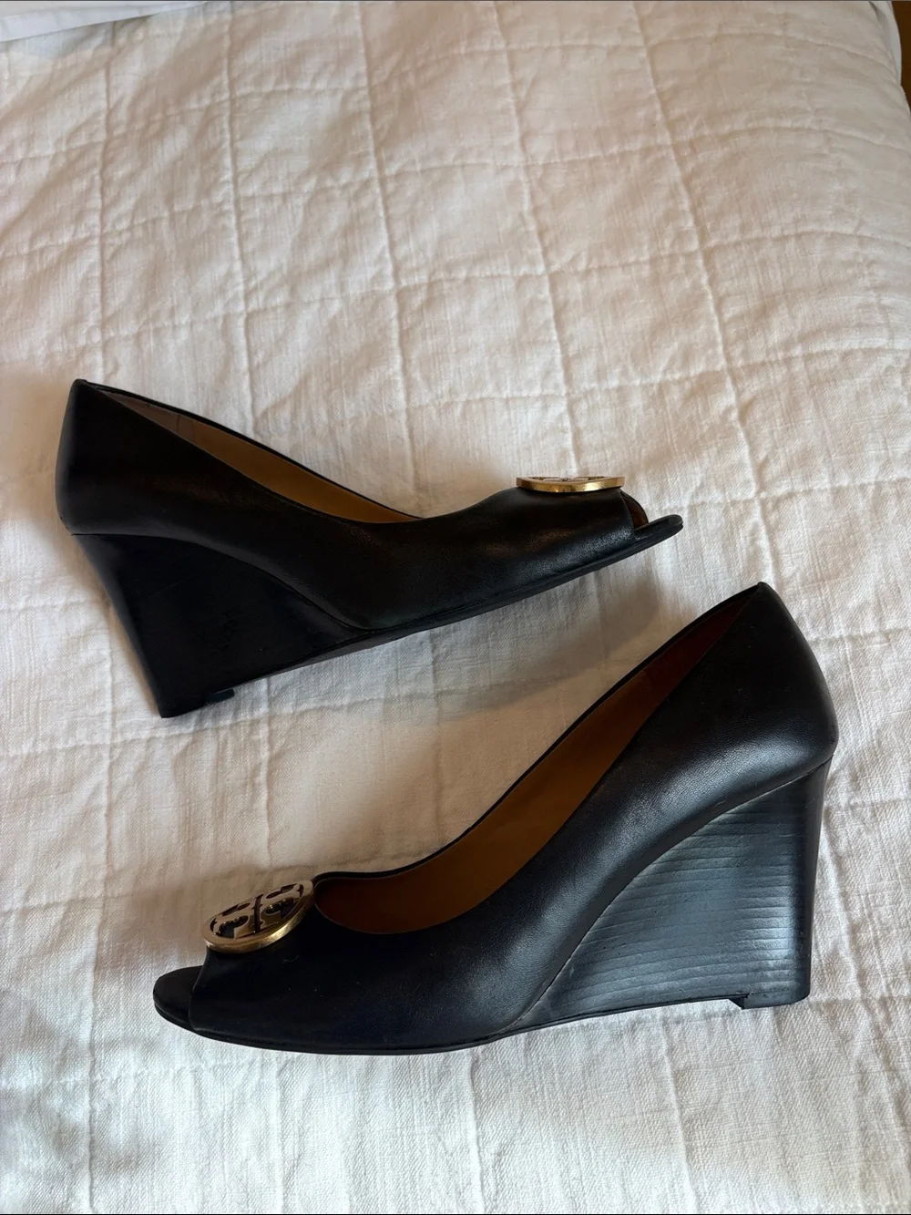 Tory Burch Black Peep-Toe Pumps with Gold Logo Medallion